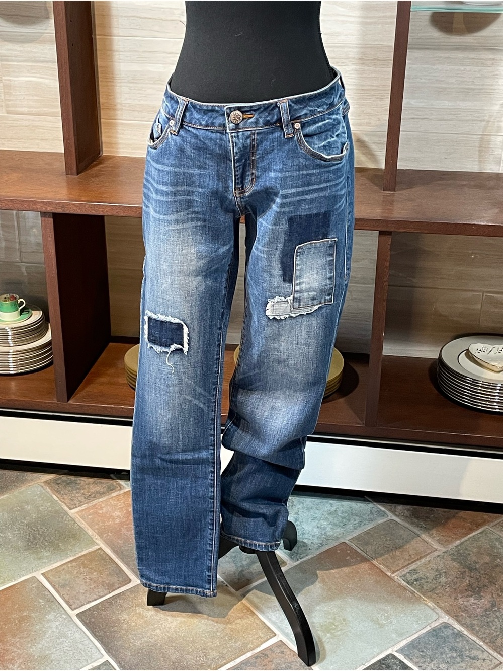 CAbi Blue Denim Patchwork Jeans with Gold Stitching, 5 Pocket, Belt Loops,Sz 6-8
